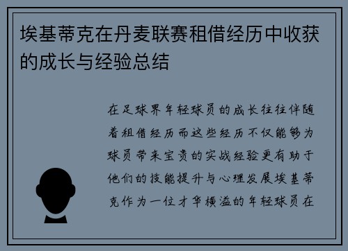 埃基蒂克在丹麦联赛租借经历中收获的成长与经验总结