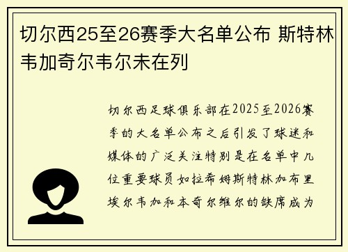 切尔西25至26赛季大名单公布 斯特林韦加奇尔韦尔未在列