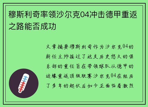 穆斯利奇率领沙尔克04冲击德甲重返之路能否成功